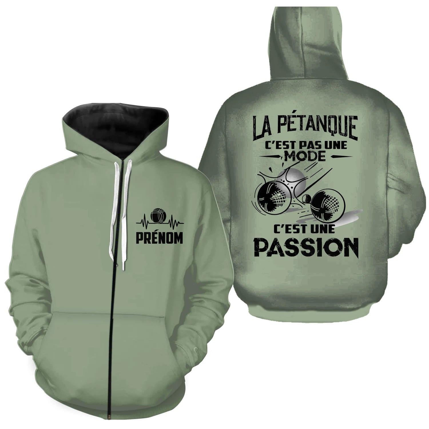 Sweat à Capuche Personnalisé Pétanque - Passion & Style Unique - A180325 - Sweat à capuche zippée  vert