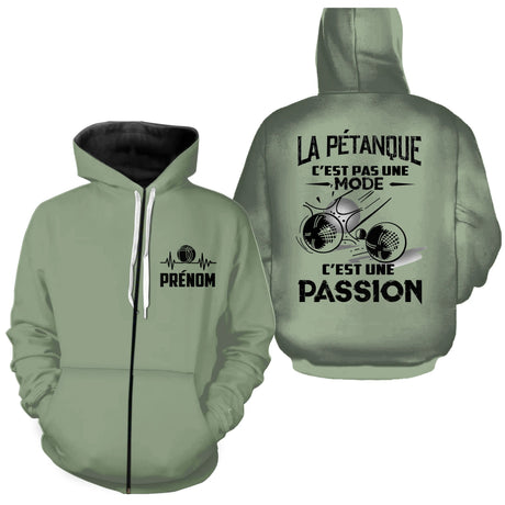 Sweat à Capuche Personnalisé Pétanque - Passion & Style Unique - A180325 - Sweat à capuche zippée  vert