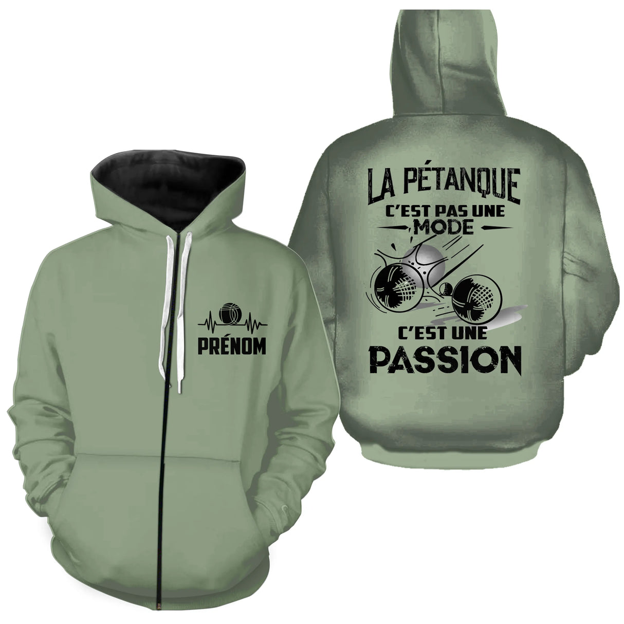 Sweat zippé pétanque vert avec slogan Passion et trois boules stylisées en collision