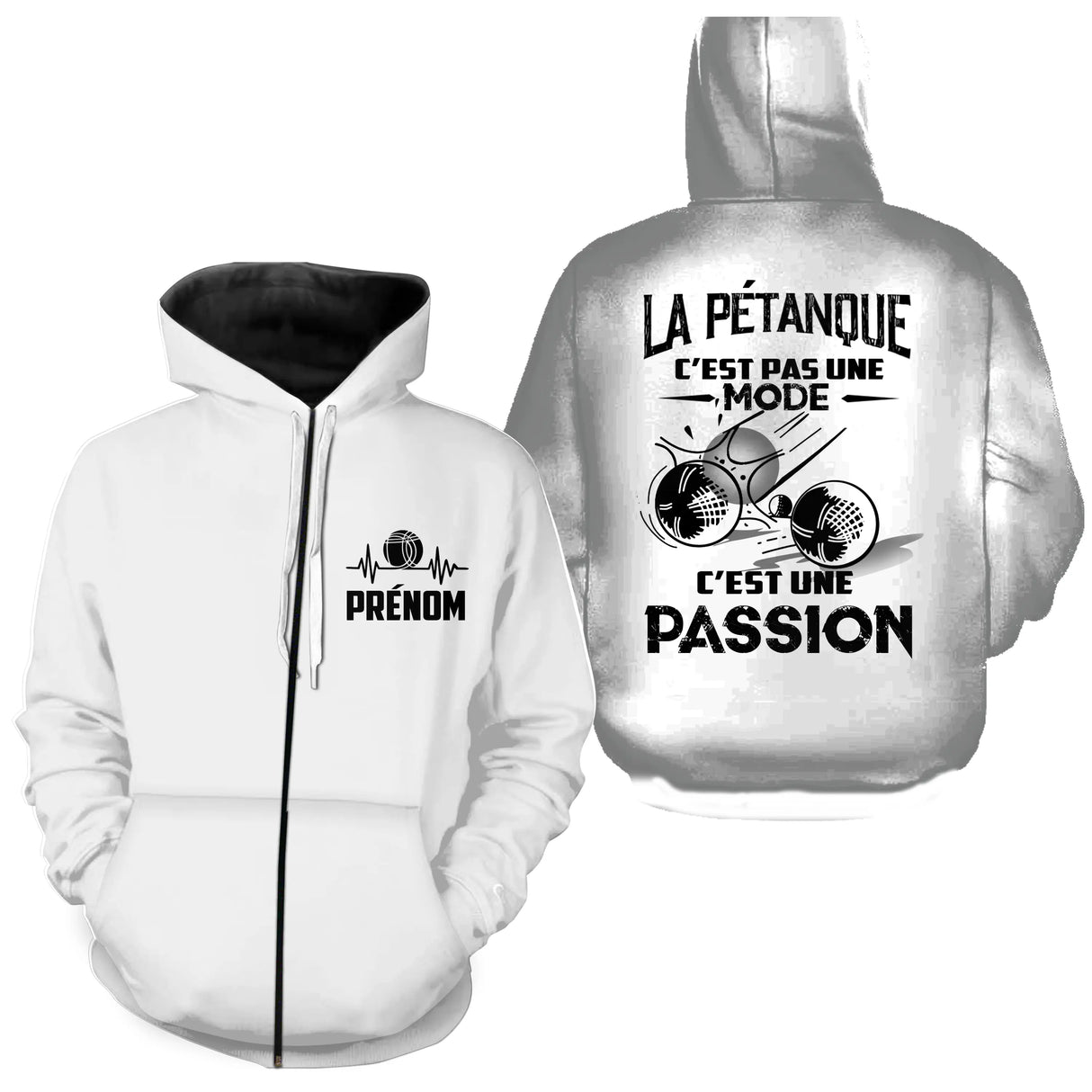 Sweat zippé pétanque blanc avec slogan La Pétanque c'est une Passion typographie noire