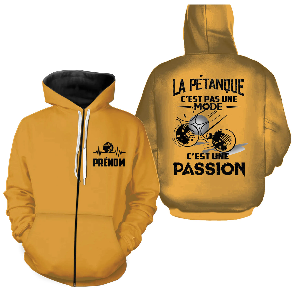 Sweat zippé pétanque jaune avec slogan La Pétanque Passion typographie blanche boules