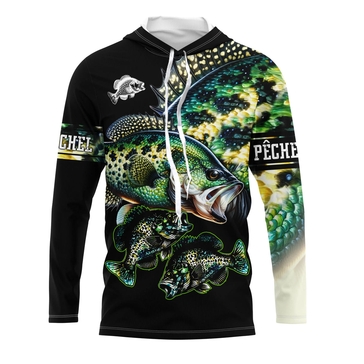 Sweat capuche pêche perche all-over fond noir motif perche verte rayée gueule ouverte prénom personnalisé