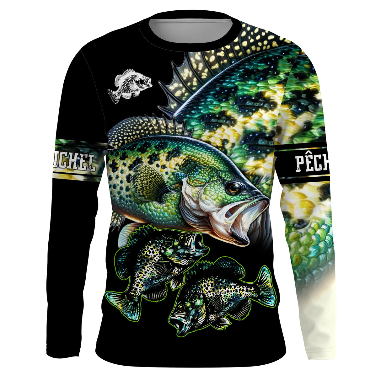 T-shirt manches longues pêche perche all-over fond noir motif perche carnassier prénom personnalisé pêcheur