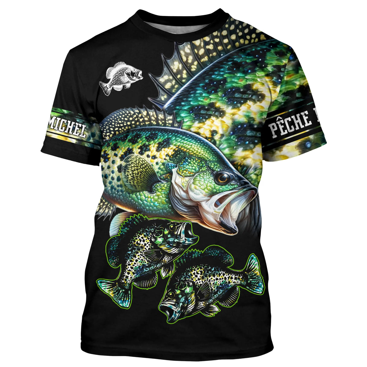 T-shirt pêche perche all-over fond noir motif perche verte rayée gueule ouverte écailles graphiques prénom personnalisé
