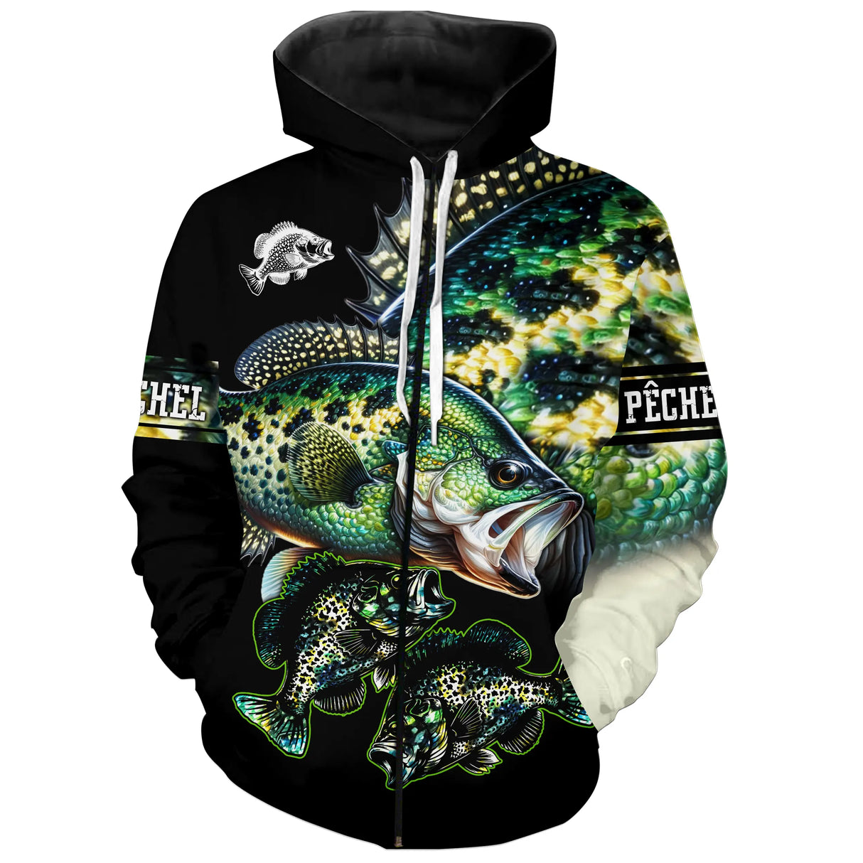 T-shirt pêche perche all-over fond noir motif perche rayée verte respirant écologique prénom personnalisé pêcheur