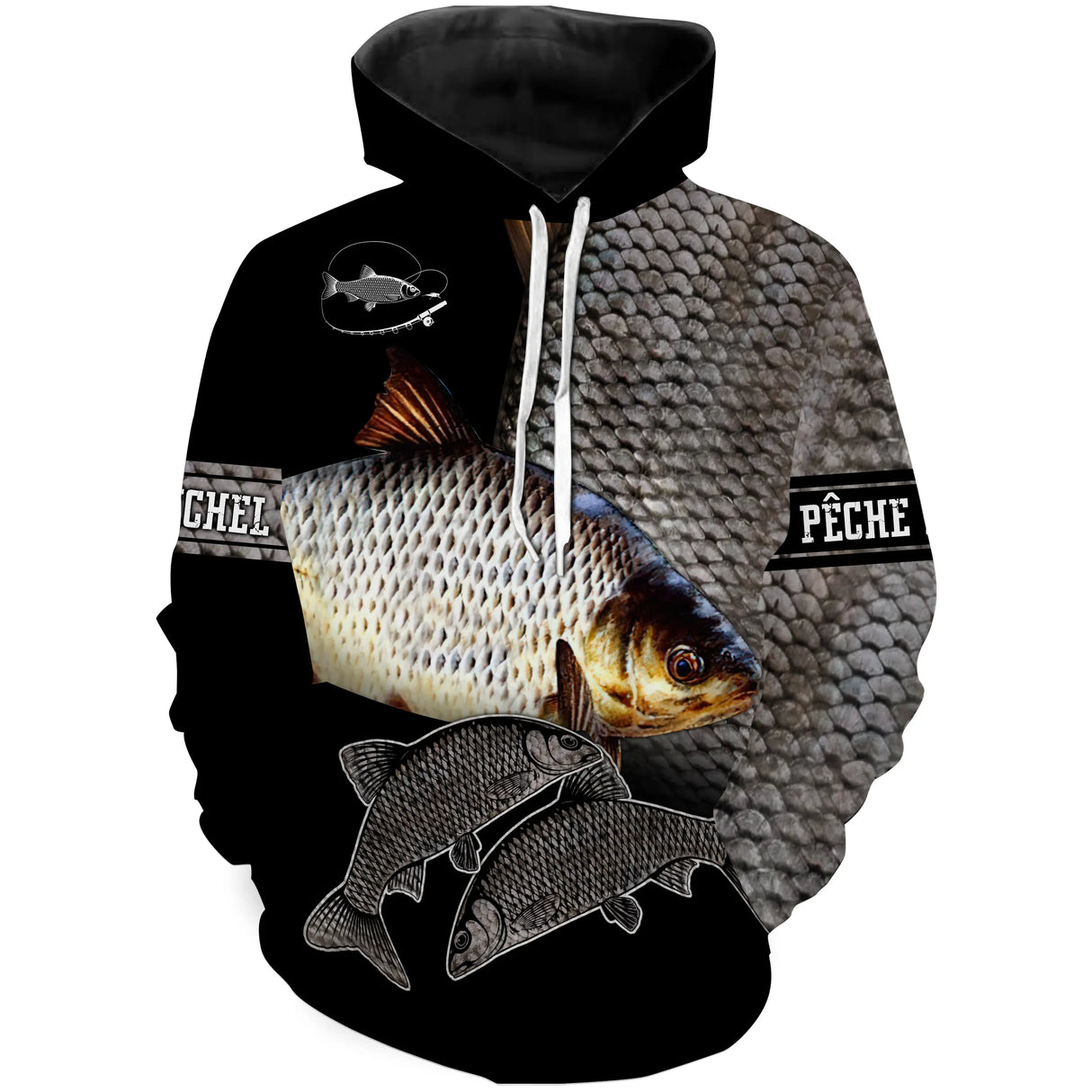 Hoodie pêcheur gardon all-over peau écaillée argentée noire motif gardon nageoires rouges blancs prénom personnalisé