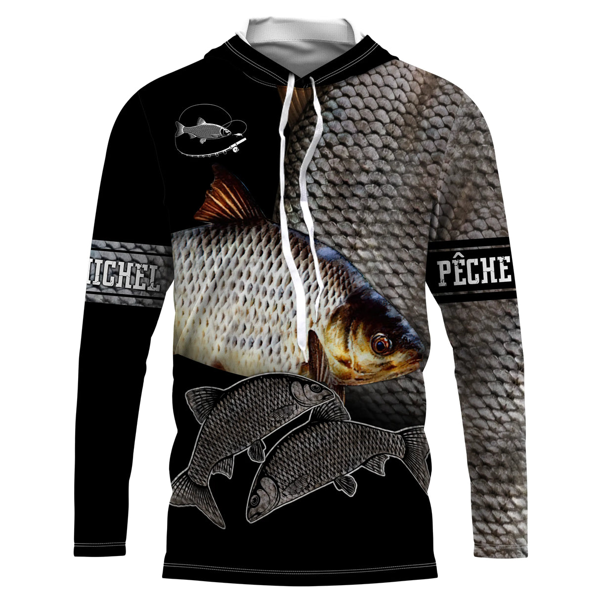 Sweat manches longues pêche gardon all-over peau argentée motif gardon nageoires rouges prénom personnalisé