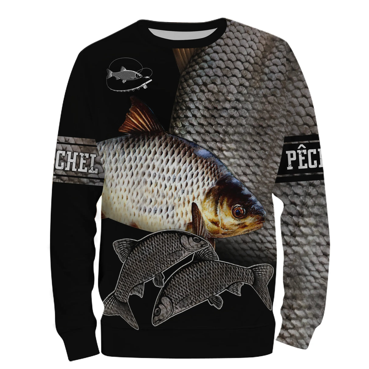 T-shirt pêche gardon all-over peau argentée motif gardon en remontée nageoires rouges prénom personnalisé pêcheur