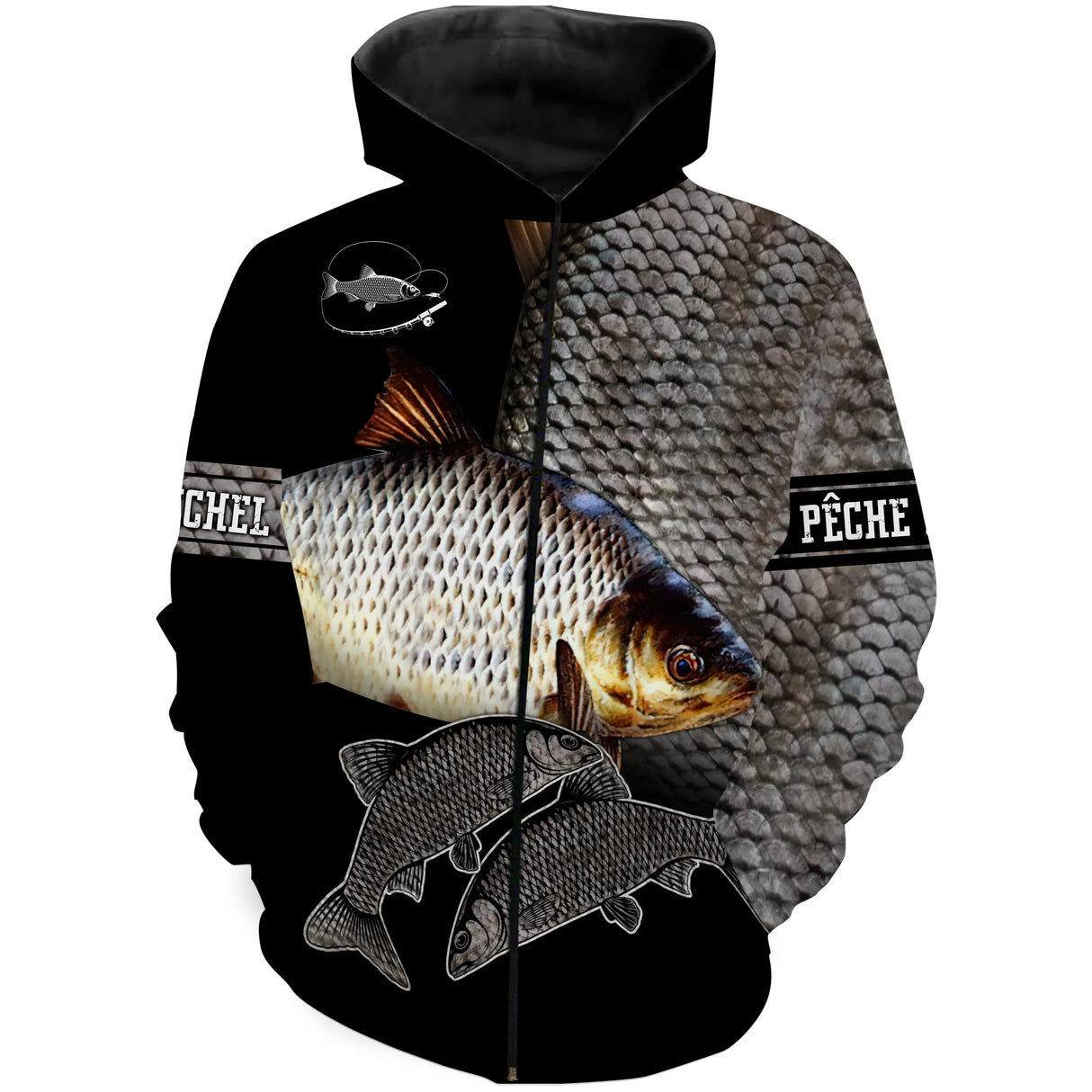 Sweat capuche pêcheur gardon all-over peau argentée écaillée motif gardon argenté pêcheur étang prénom personnalisé