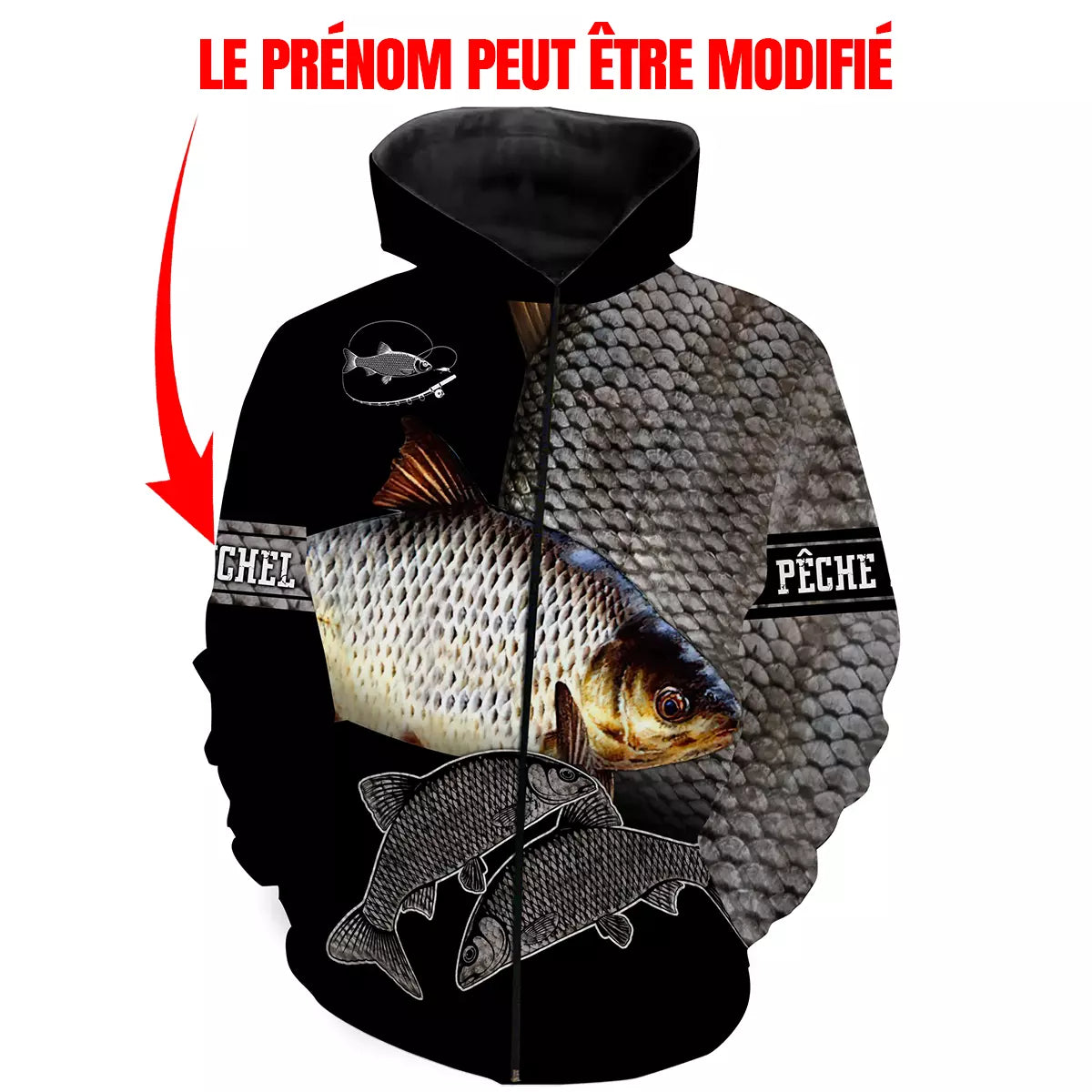 Sweat capuche pêche gardon all-over peau écaillée argentée noire motif gardon nageoires rouges prénom personnalisé