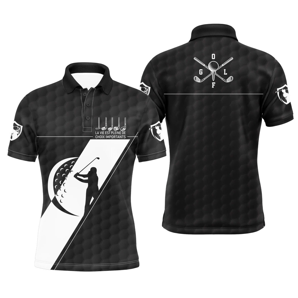 Polo golf homme noir intense insert blanc balle bas clubs croisés alignés silhouette golfeur slogan La Vie Pleine Choix