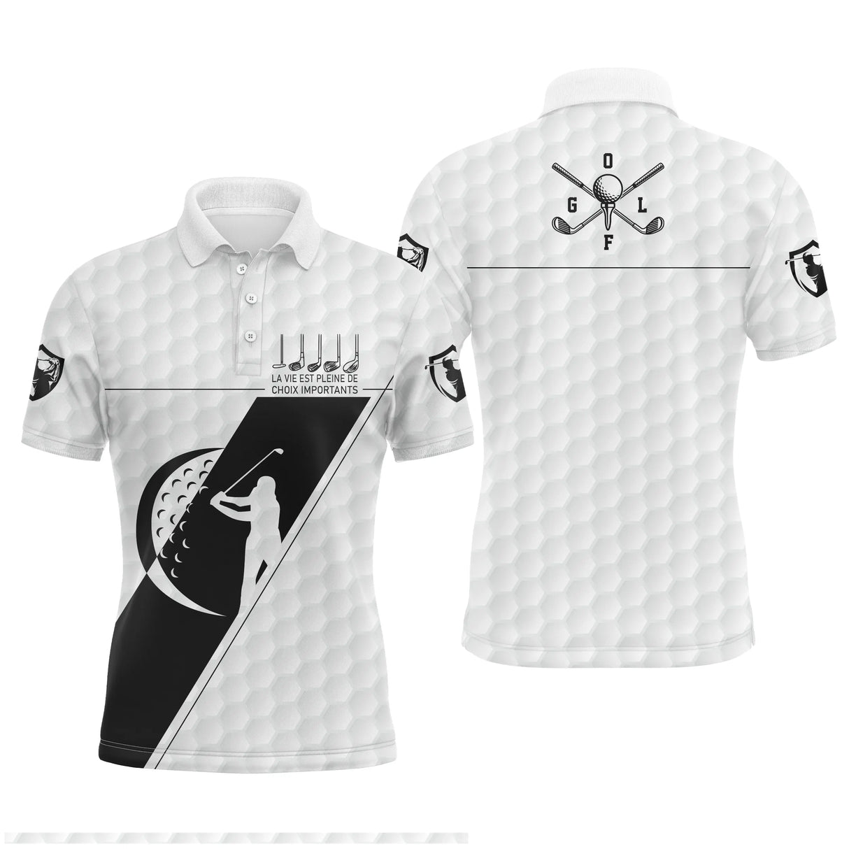 Polo golf homme blanc insert noir clubs croisés alignés silhouette golfeur slogan La Vie Pleine Choix coupe ajustée