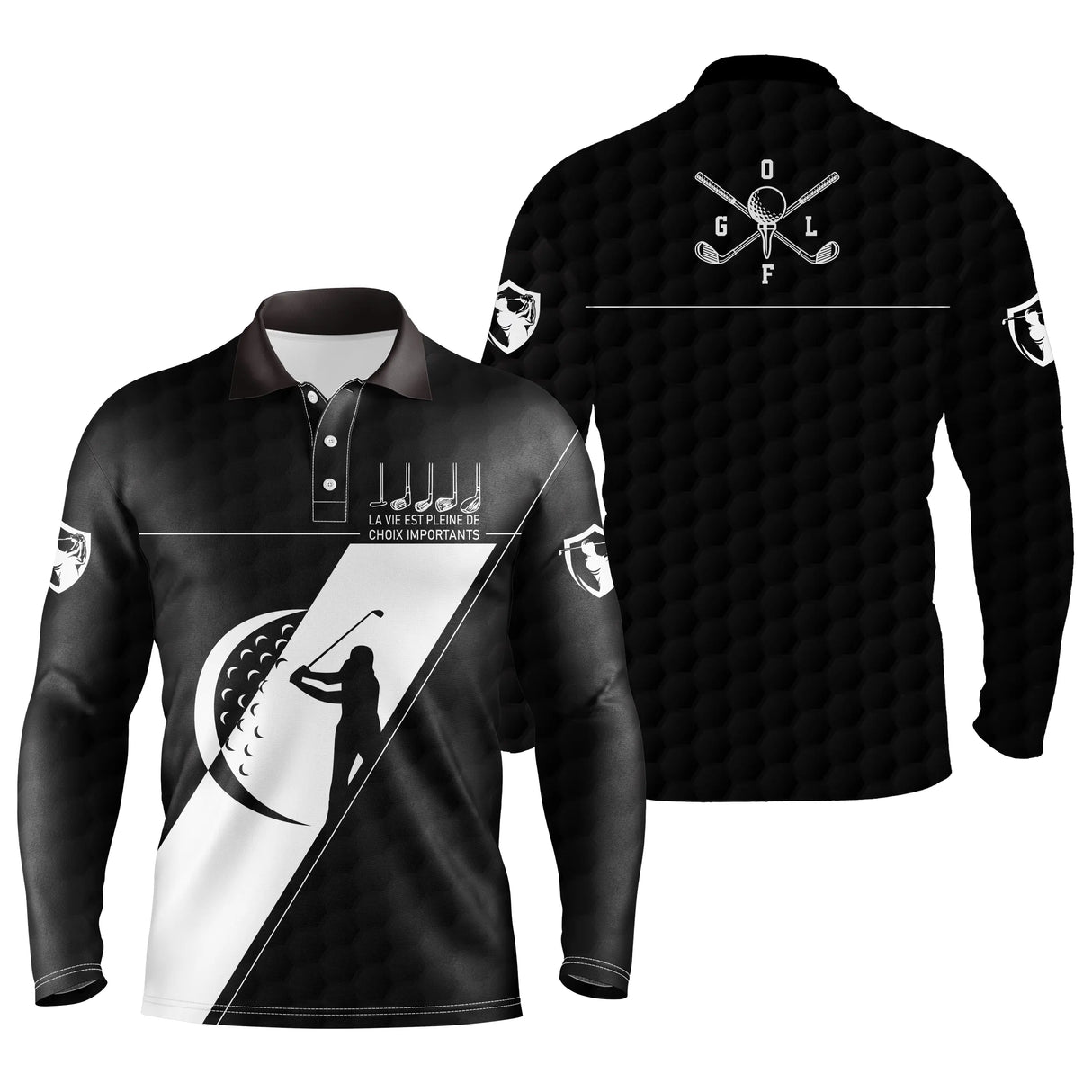 Polo manches longues golf unisexe noir insert blanc clubs croisés silhouette golfeur slogan tissu respirant