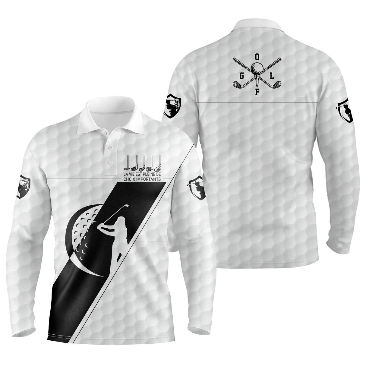 Polo manches longues golf unisexe blanc insert noir clubs croisés silhouette golfeur slogan tissu respirant