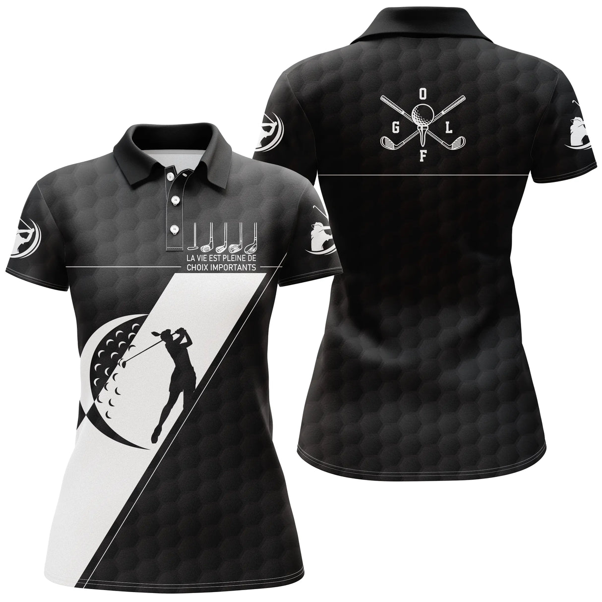 Polo golf femme noir intense insert blanc balle clubs croisés silhouette golfeur slogan coupe cintrée tissu respirant