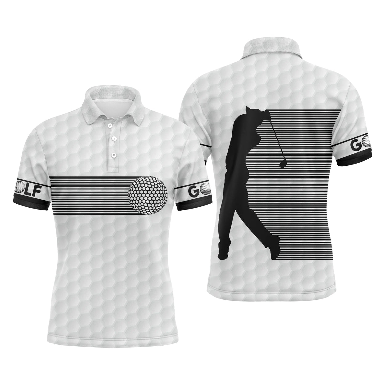 Polo golf homme blanc texture balle bande verticale code-barres noires côté gauche silhouette golfeur swing inscription GOLF