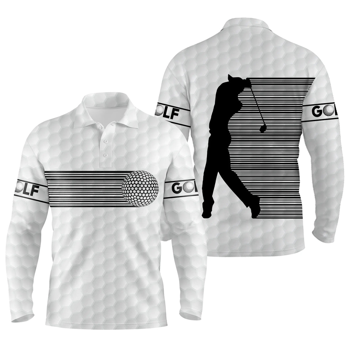 Polo manches longues golf unisexe blanc bande code-barres noires verticale silhouette golfeur GOLF tissu respirant