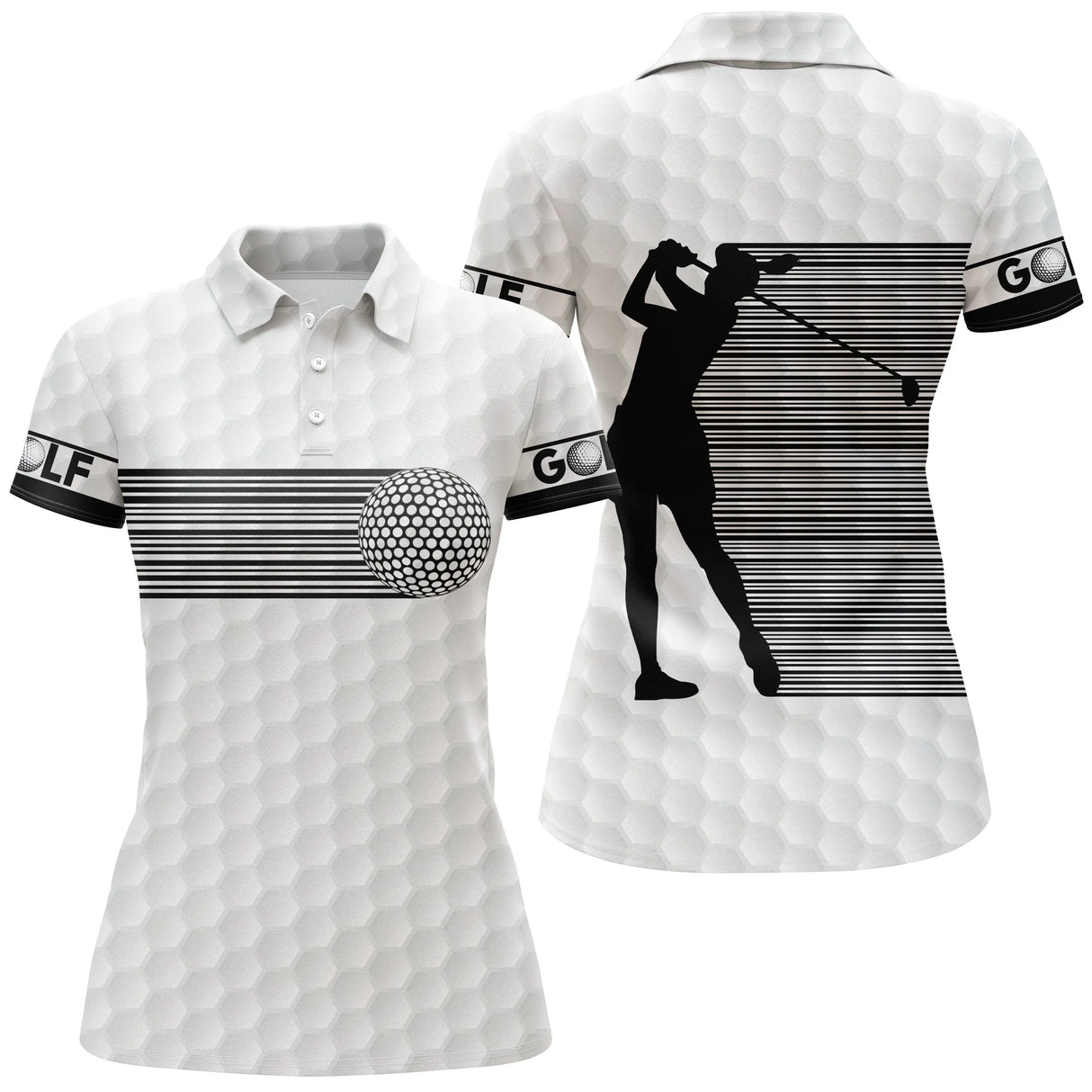 Polo golf femme blanc bande code-barres noires verticale silhouette golfeur inscription GOLF coupe cintrée tissu respirant