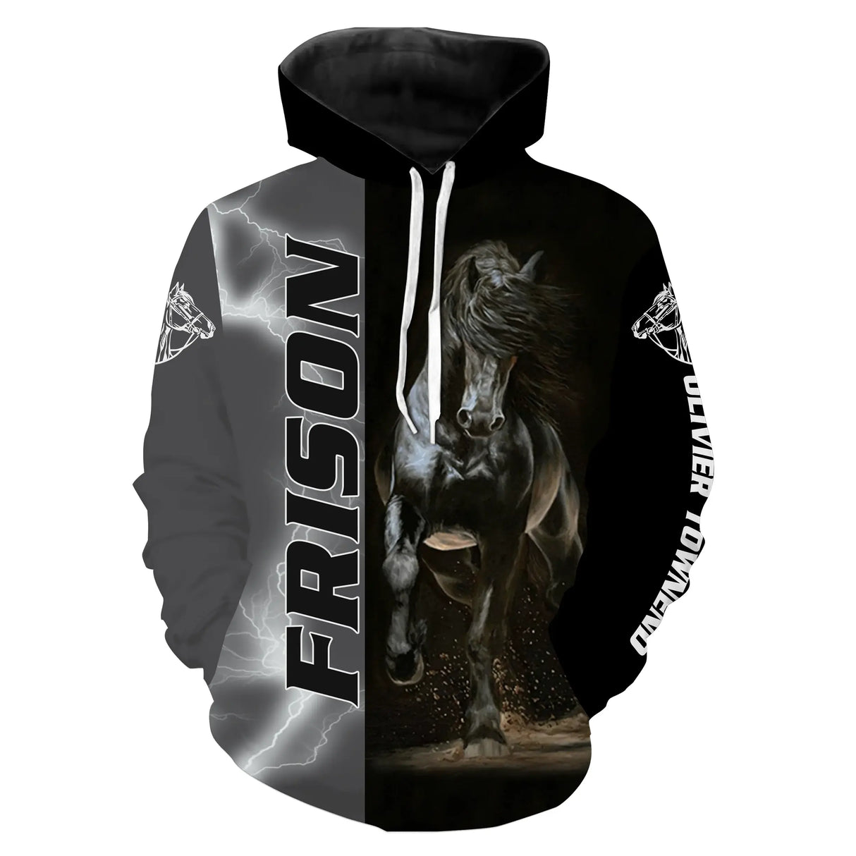Sweater all-over cheval frison noir manches longues unisexe lettrage FRISON galop