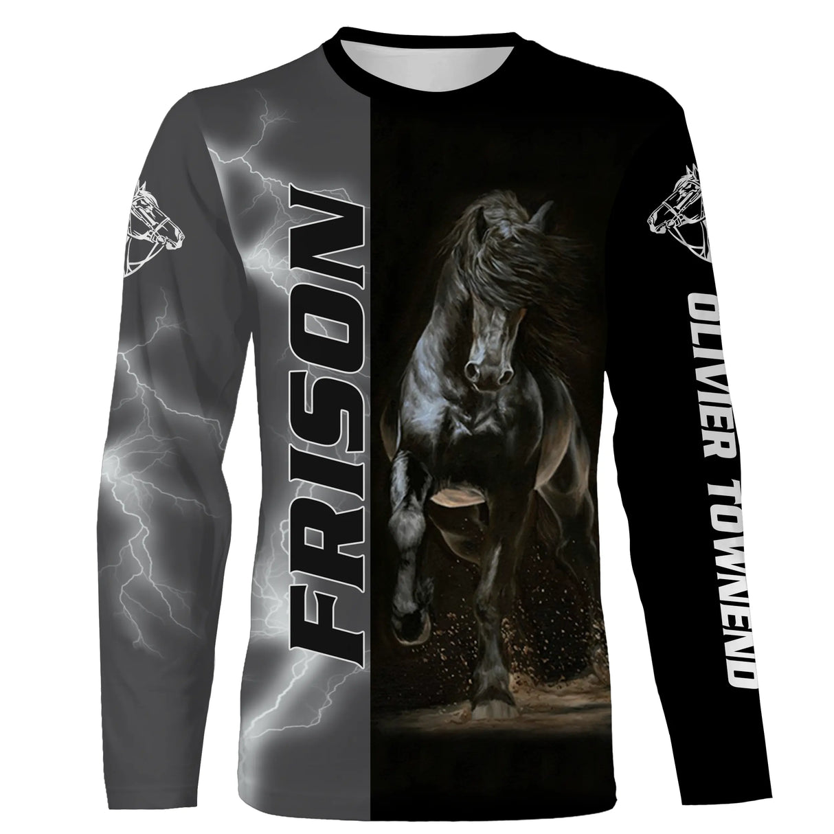 Manches longues cheval frison noir avec frison galop et lettrage FRISON sur la manche all-over