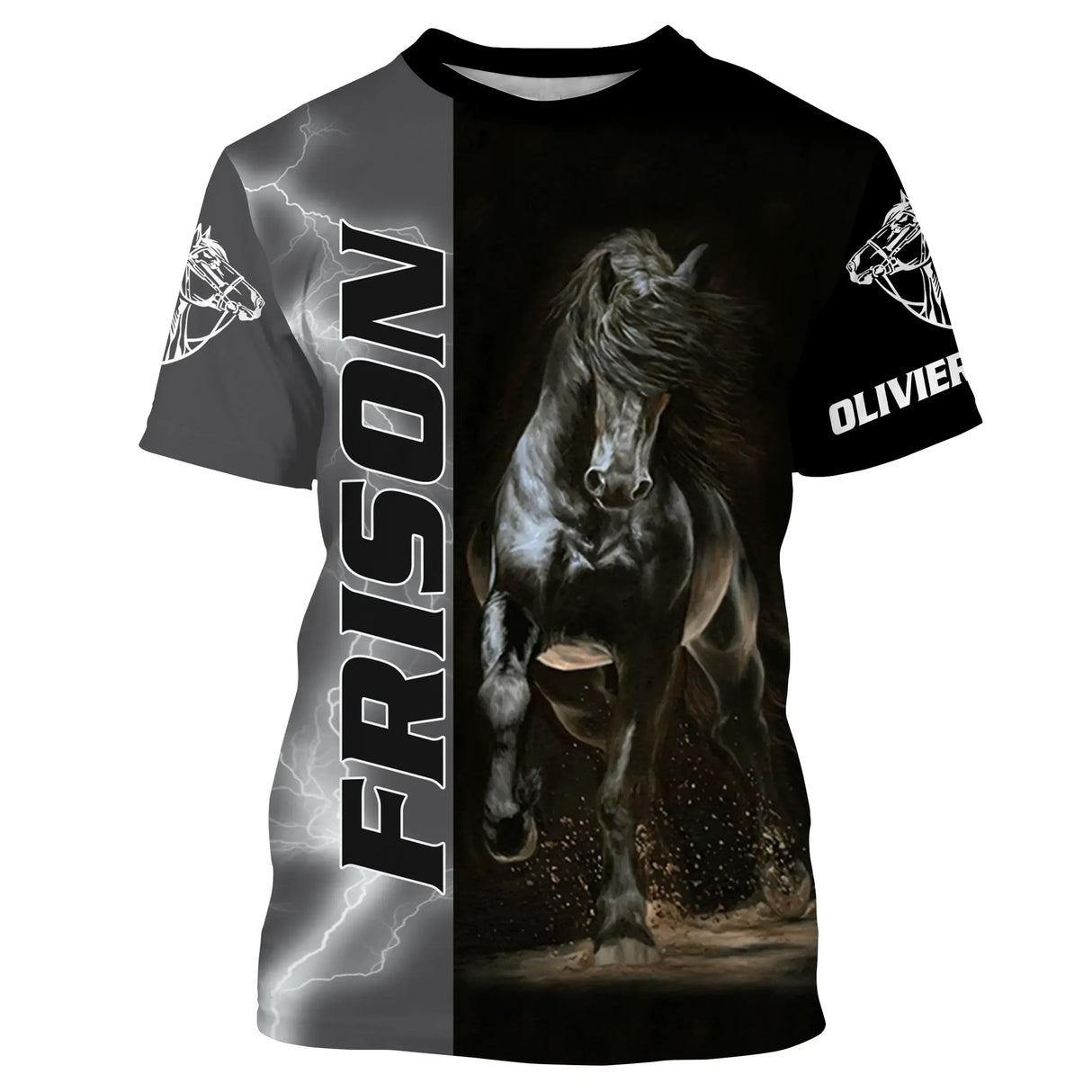 T-shirt cheval frison personnalisé noir avec frison au galop étincelles et lettrage FRISON