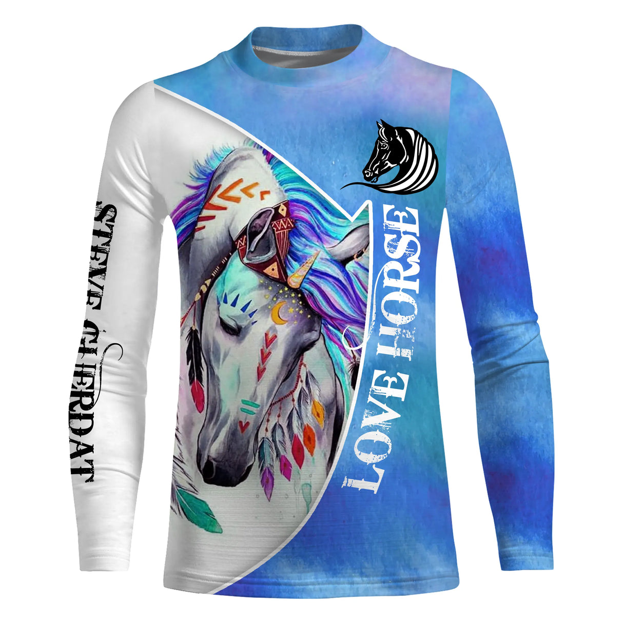 Débardeur all-over cheval multicolore bleu turquoise cheval aquarelle plumes été équestre