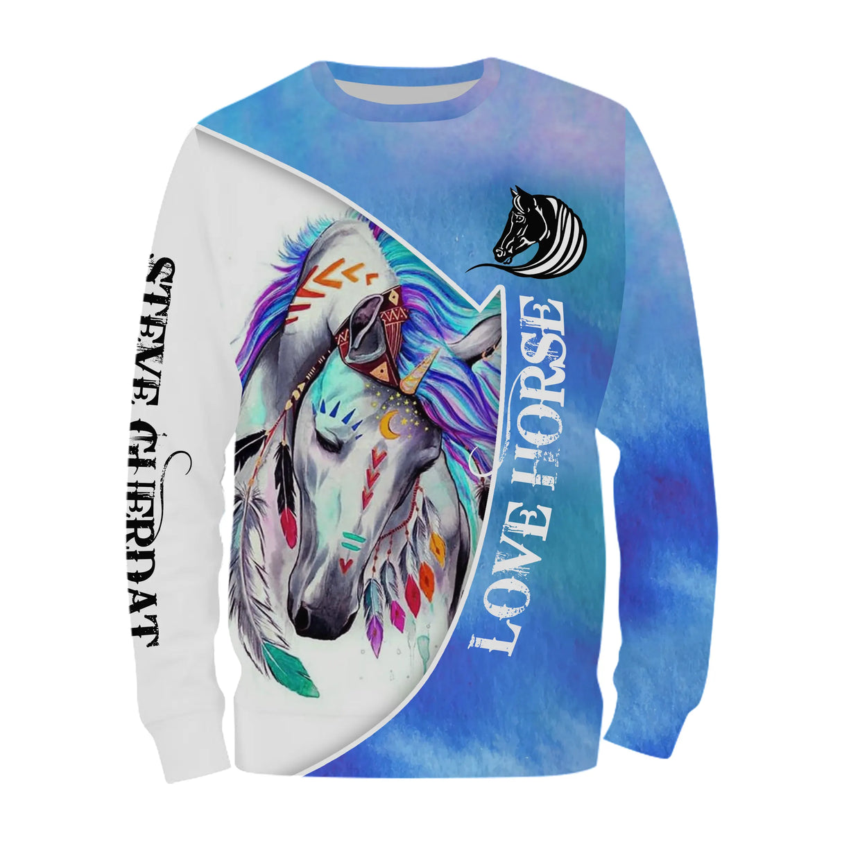 Sweat zippé all-over cheval multicolore bleu turquoise plumes amérindiennes Love Horse