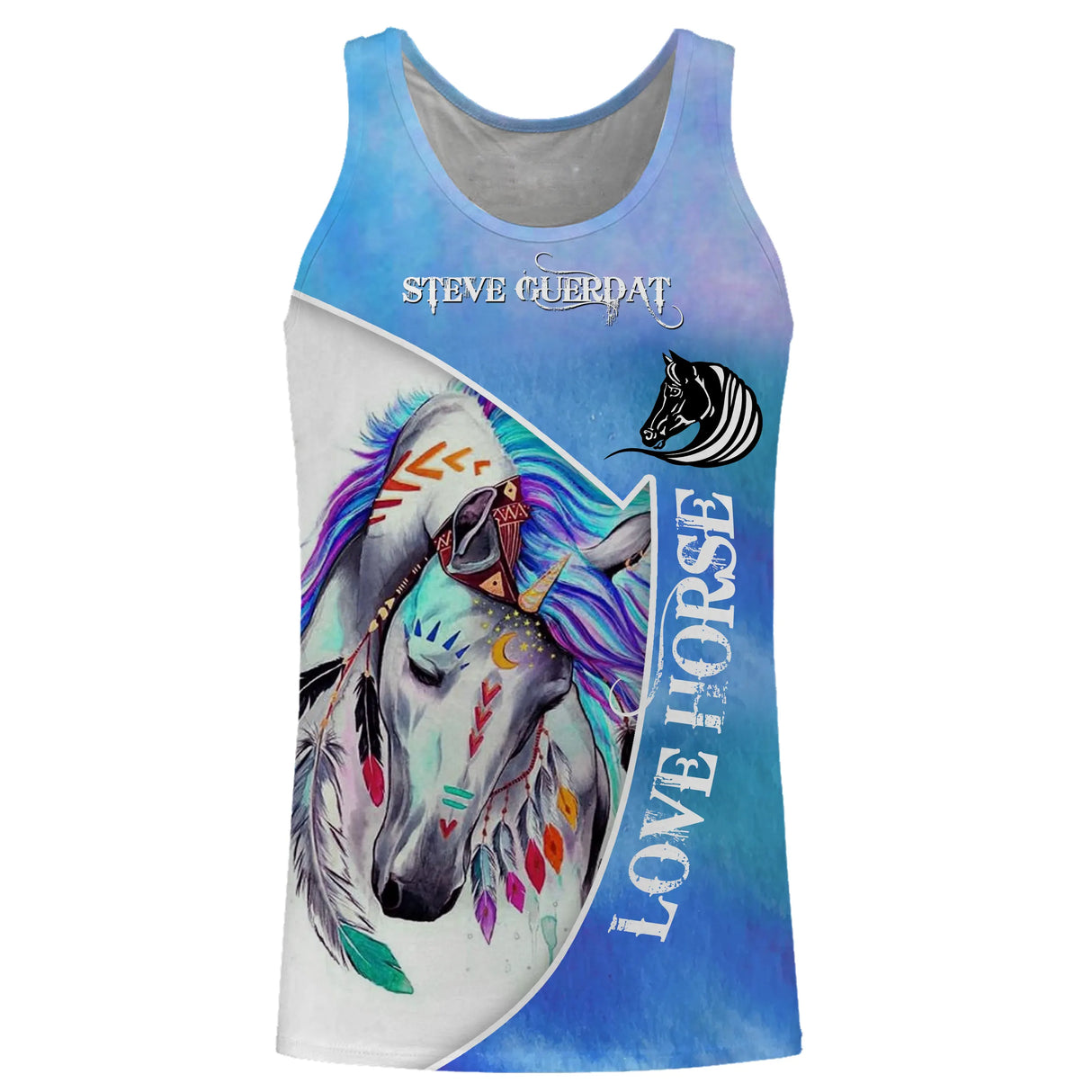 Sweat à capuche cheval multicolore bleu blanc cheval aquarelle plumes coupe unisexe