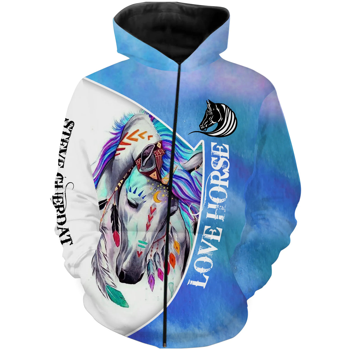 T-shirt all-over cheval multicolore bleu turquoise plumes pour cavaliers western amérindien