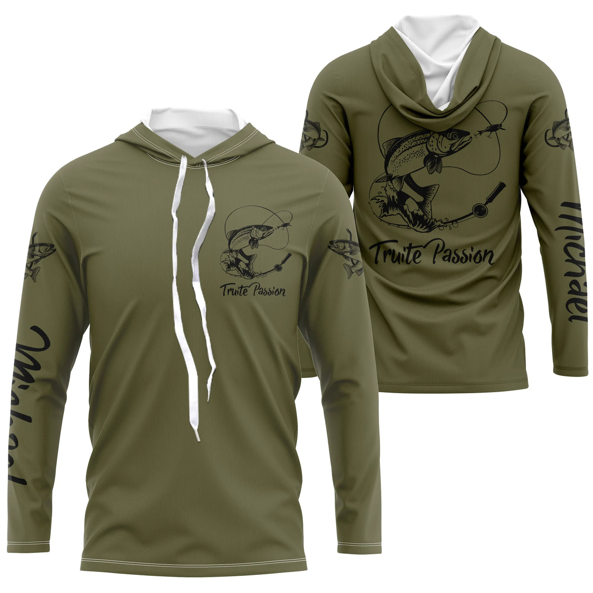 Sweater pêche truite vert kaki Truite Passion devant truite stylisée prénom manche pêcheur personnalisé