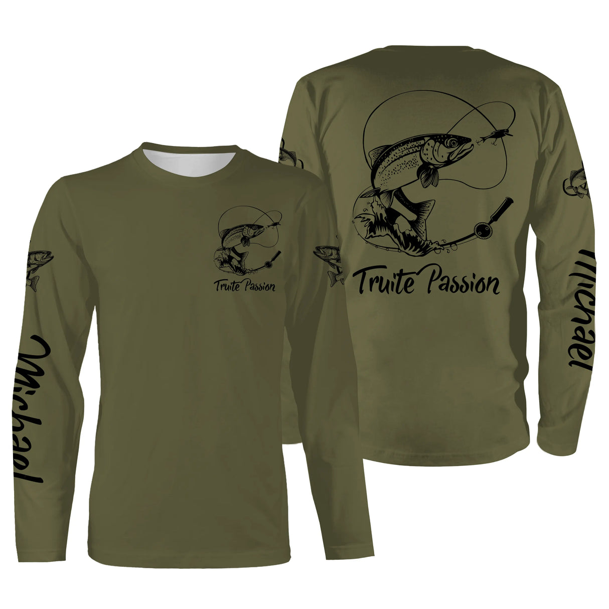 Sweat à capuche pêche truite vert kaki Truite Passion devant truite stylisée prénom manche pêcheur personnalisé