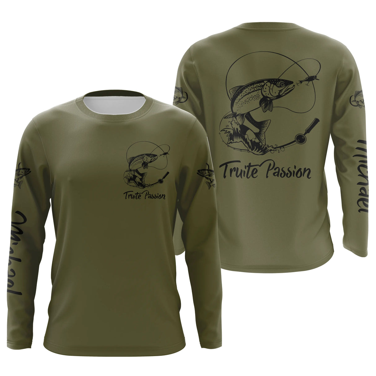 Sweat zippé pêche truite vert kaki Truite Passion devant truite stylisée prénom manche pêcheur personnalisé