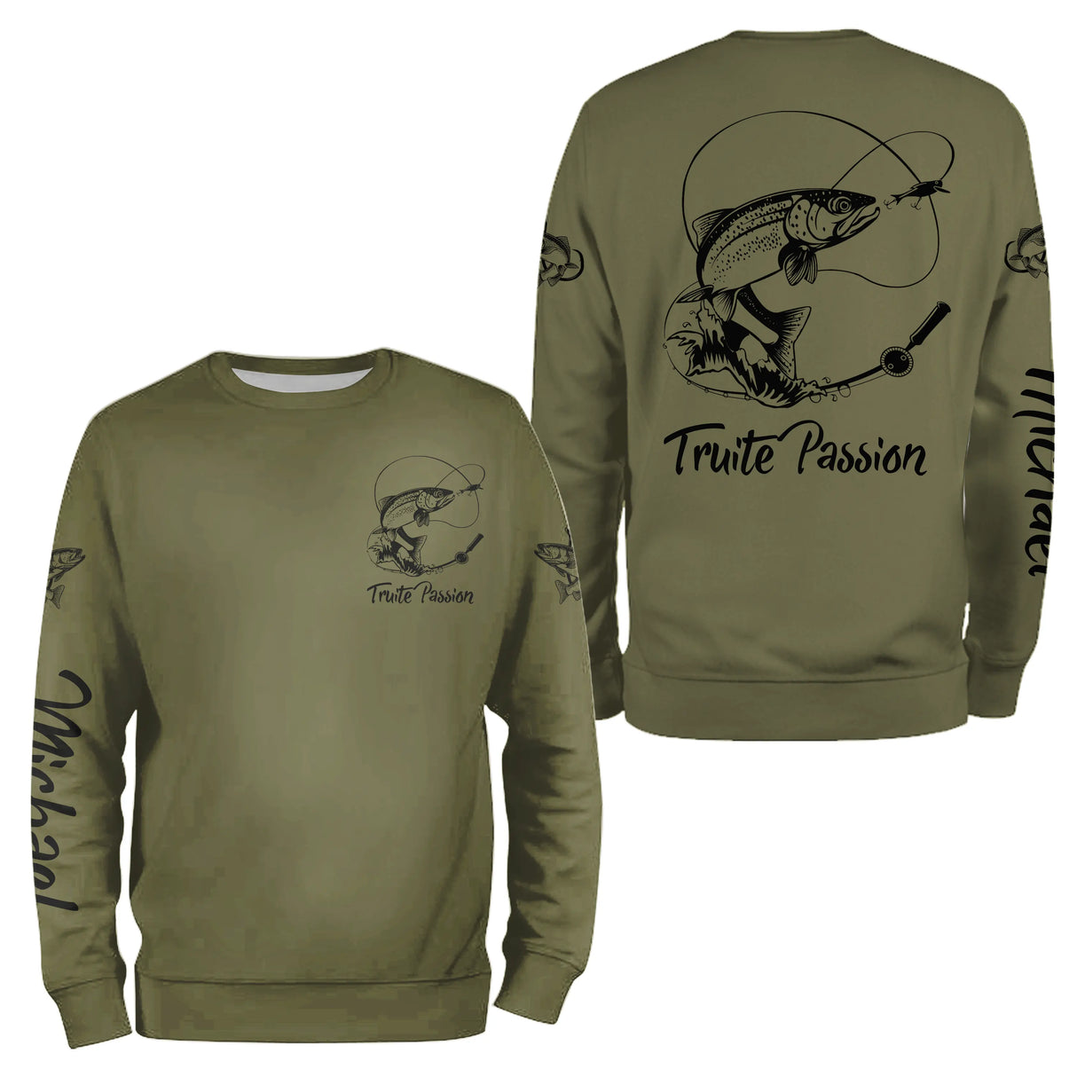 T-shirt manches longues pêche truite vert kaki Truite Passion prénom pêcheur personnalisé