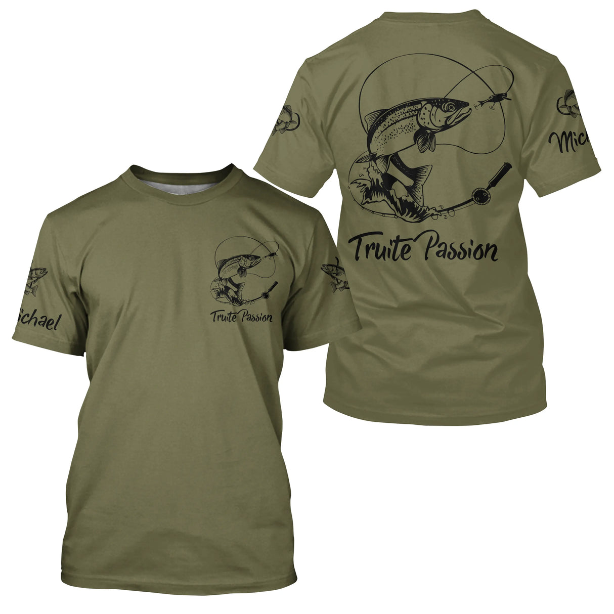 T-shirt pêche truite vert kaki Truite Passion devant truite stylisée prénom manche pêcheur personnalisé
