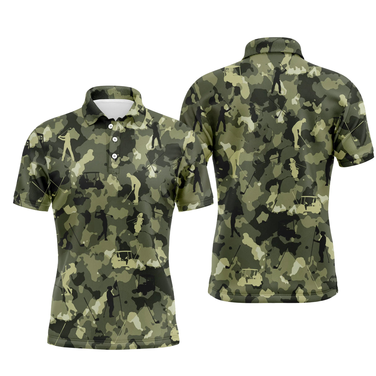 Polo golf homme camouflage militaire vert kaki beige silhouettes golfeurs swing voiturettes intégrées all-over
