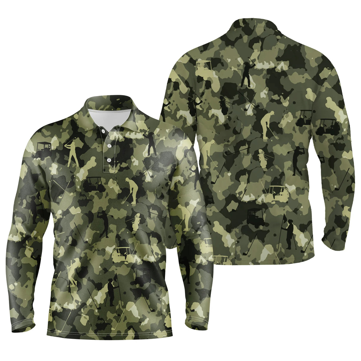 Polo manches longues golf unisexe camouflage militaire vert kaki silhouettes golfeurs voiturettes tissu respirant