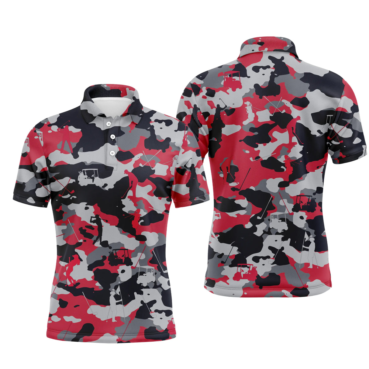 Polo golf homme camouflage urbain rouge écarlate noir blanc gris silhouettes golfeurs swing voiturettes intégrées all-over