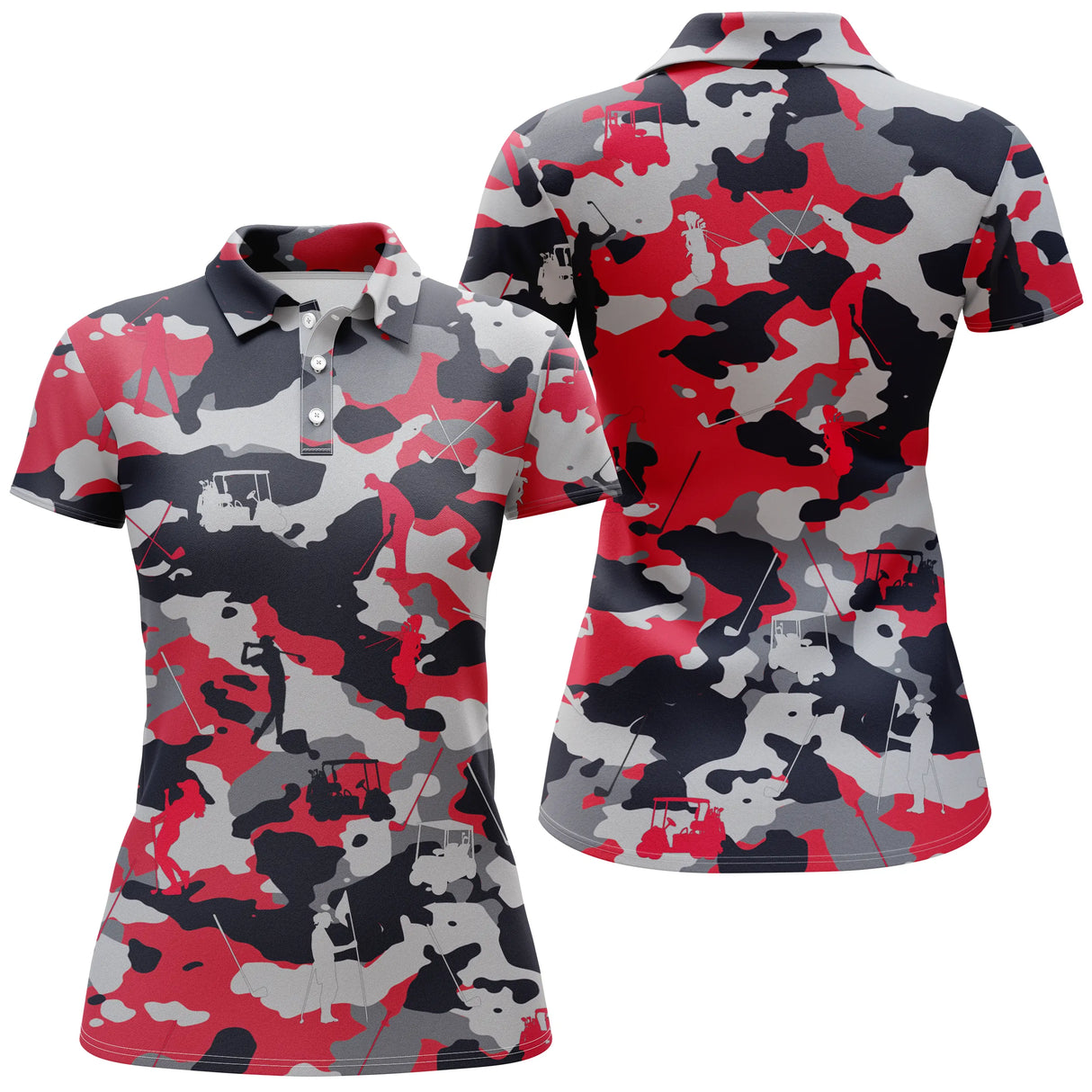 Polo golf femme camouflage rouge écarlate noir blanc silhouettes golfeurs voiturettes coupe cintrée tissu respirant