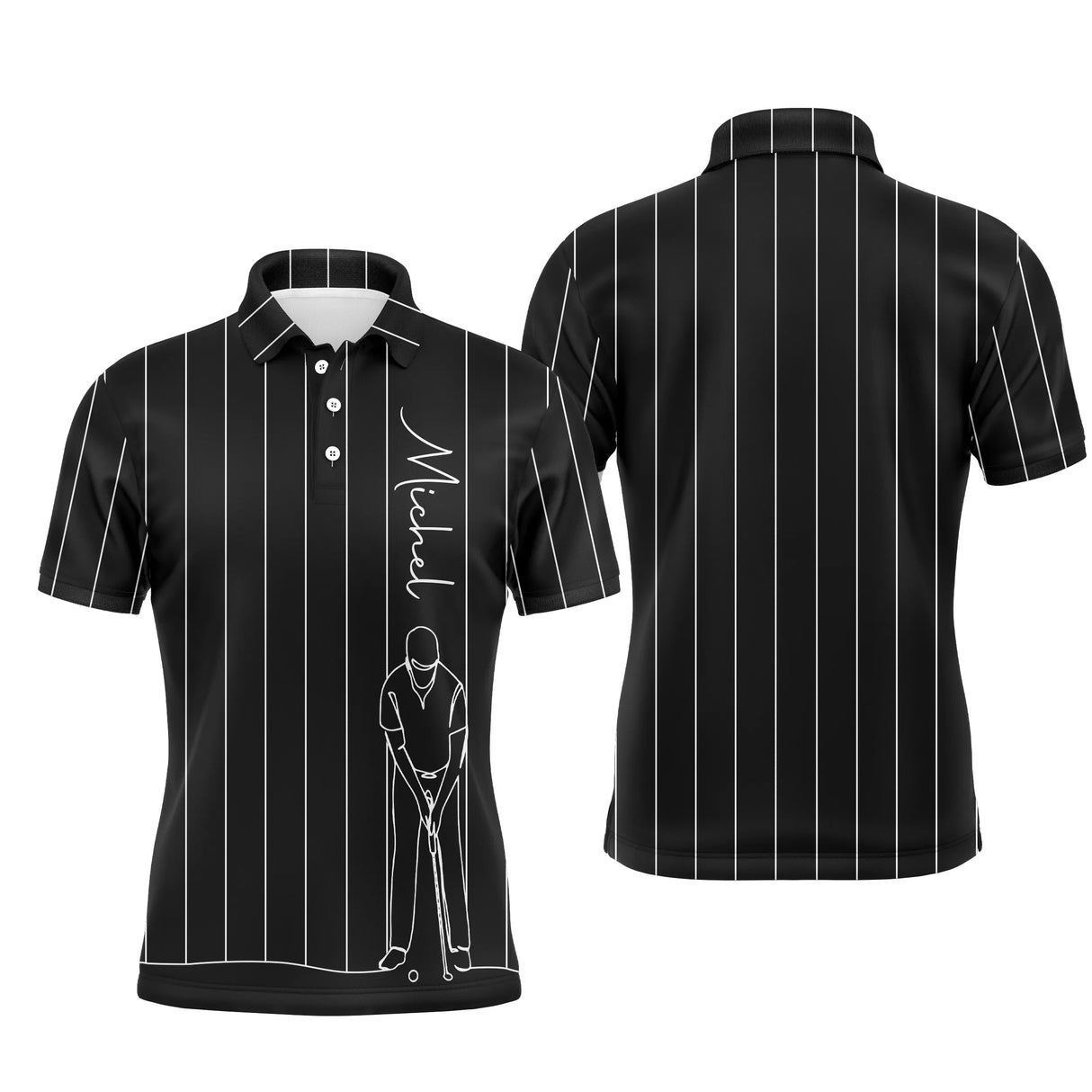 Polo golf homme noir intense fines rayures verticales blanches dessin trait golfeur swing bas zone prénom Michel poitrine