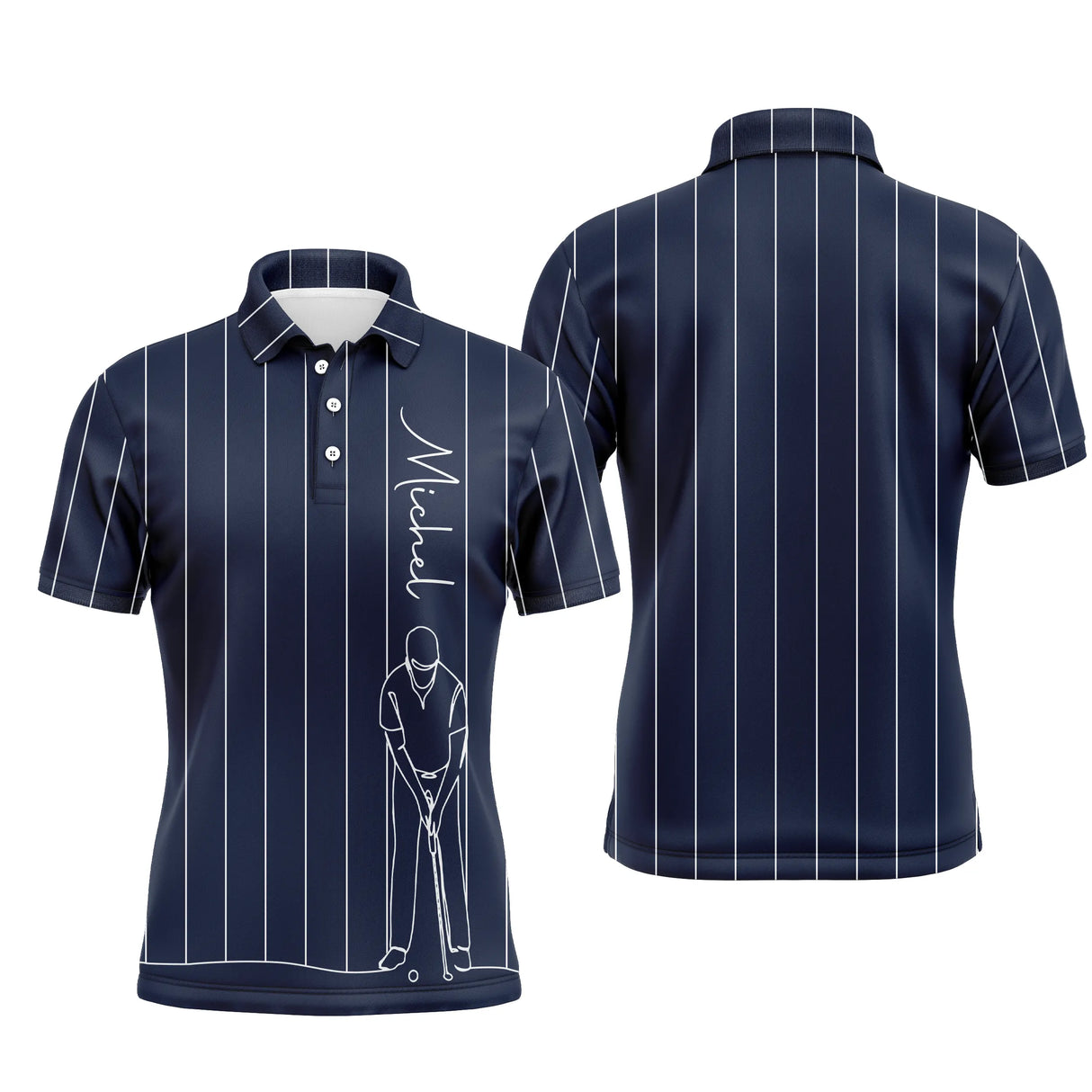 Polo golf homme blanc immaculé fines rayures verticales noires dessin trait golfeur swing zone prénom personnalisé