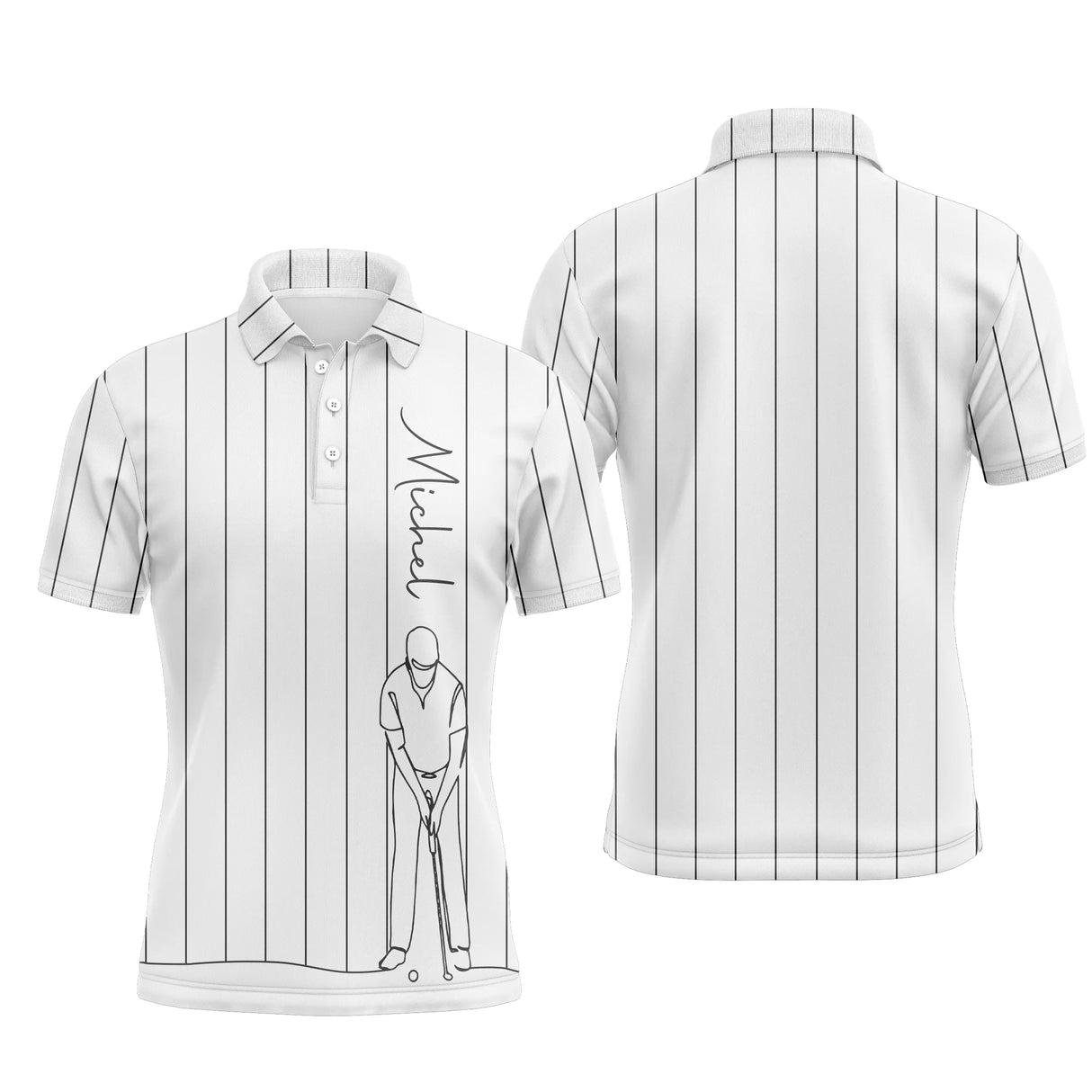 Polo golf homme bleu marine fines rayures verticales blanches dessin trait golfeur swing zone prénom personnalisé