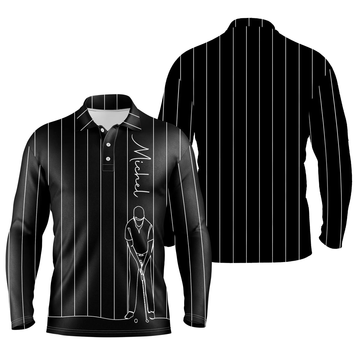 Polo manches longues golf unisexe noir fines rayures verticales blanches trait golfeur prénom tissu respirant