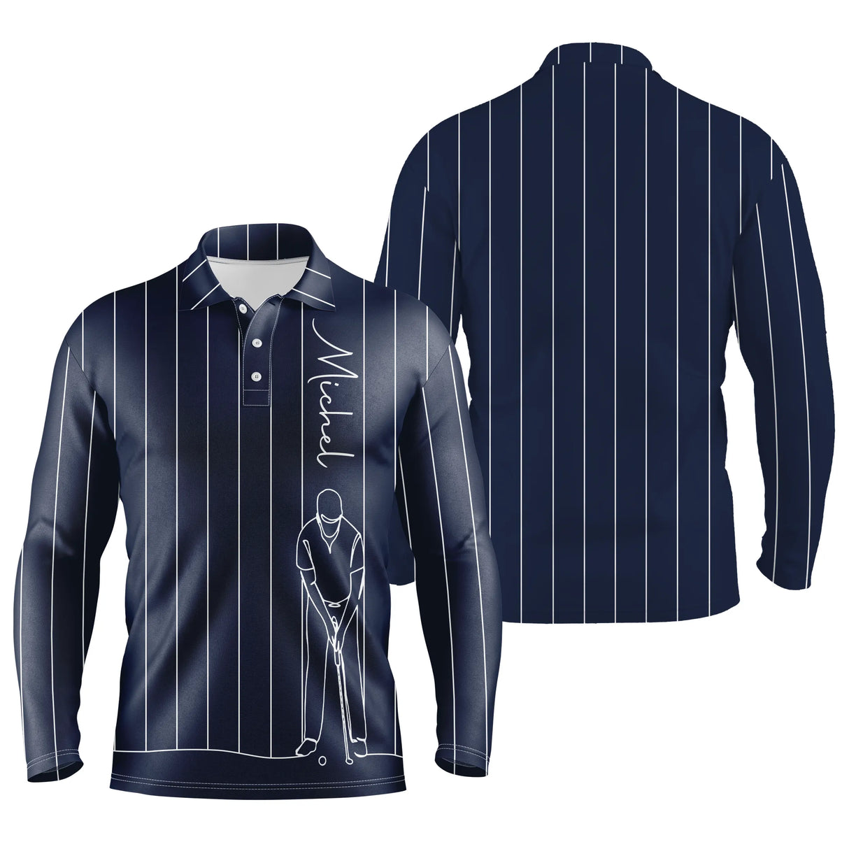 Polo manches longues golf unisexe blanc fines rayures verticales noires trait golfeur prénom tissu respirant