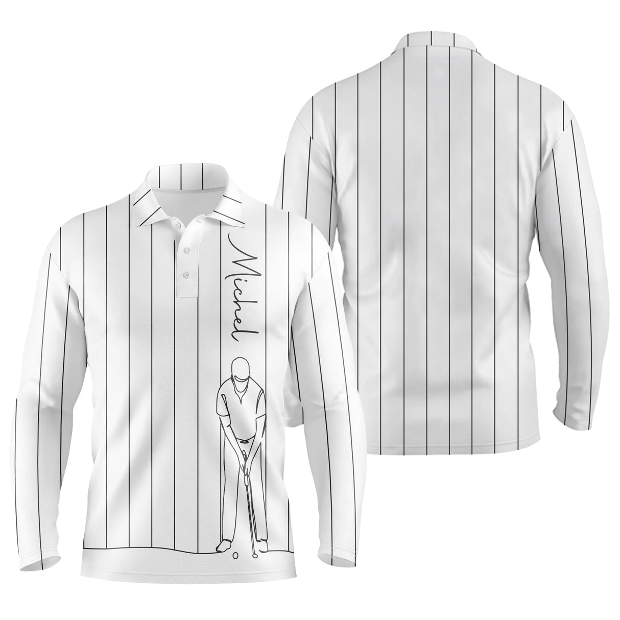Polo manches longues golf unisexe bleu marine fines rayures verticales blanches trait golfeur prénom tissu respirant