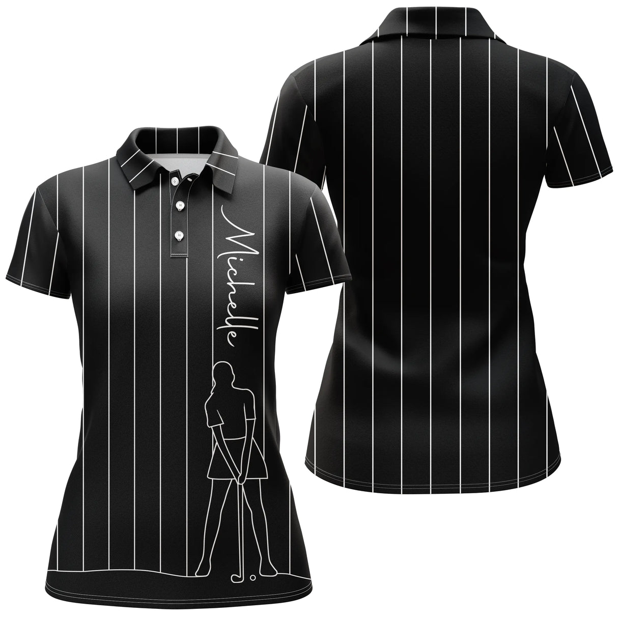 Polo golf femme noir intense fines rayures verticales blanches dessin trait golfeur prénom coupe cintrée