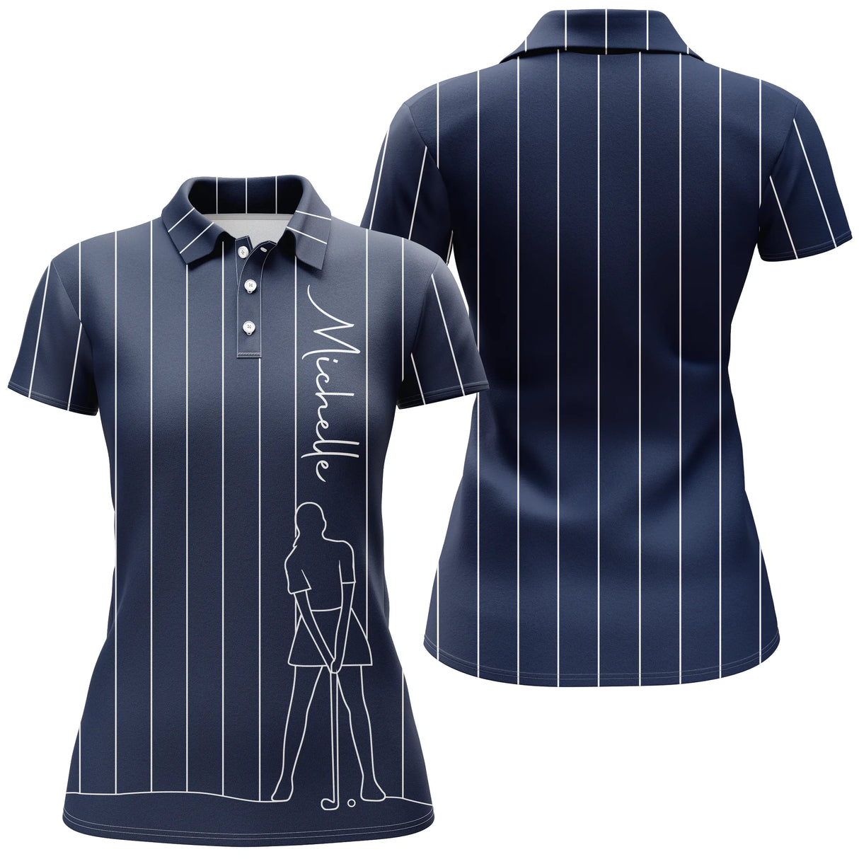 Polo golf femme blanc immaculé fines rayures verticales noires dessin trait golfeur prénom coupe cintrée