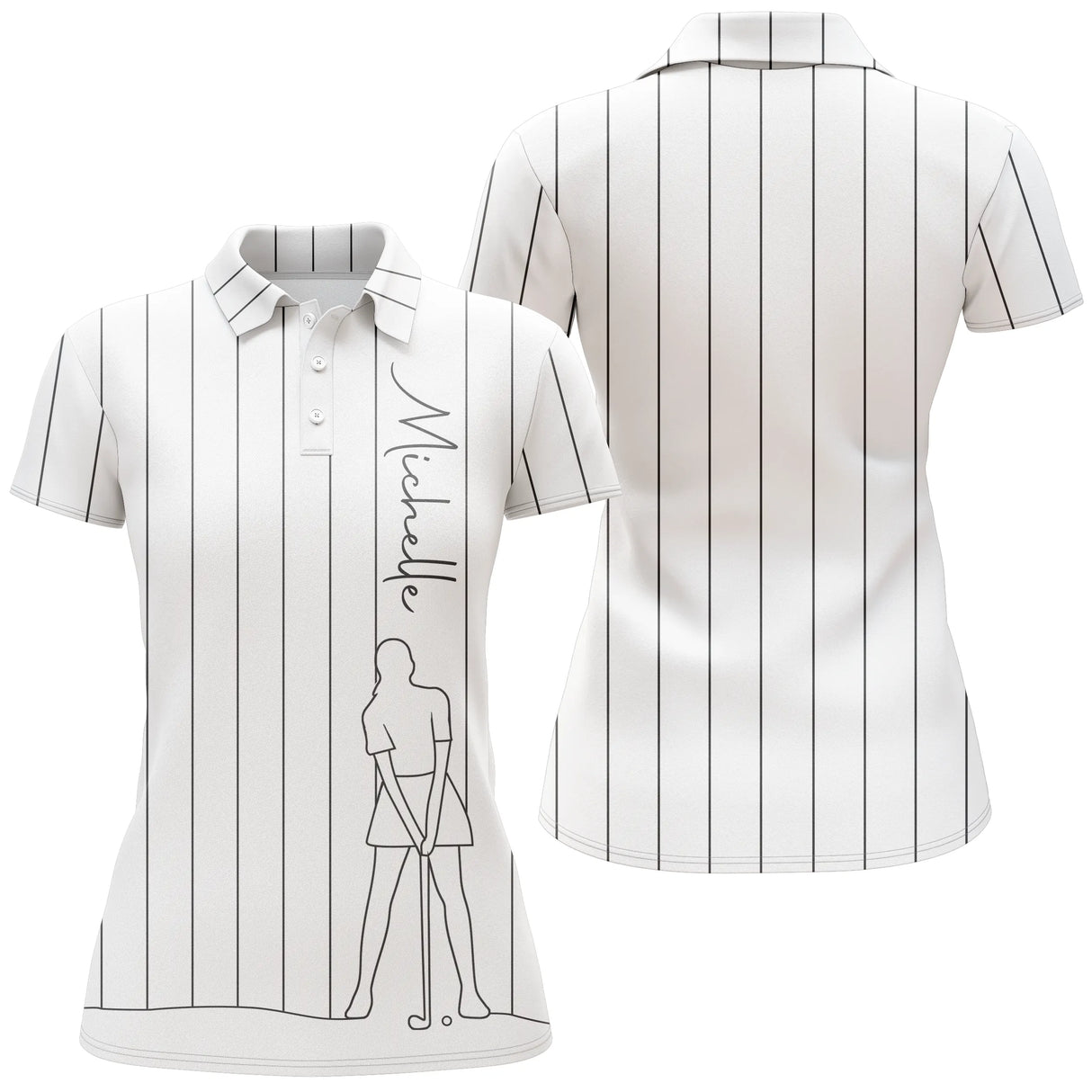 Polo golf femme bleu marine fines rayures verticales blanches dessin trait golfeur prénom coupe cintrée