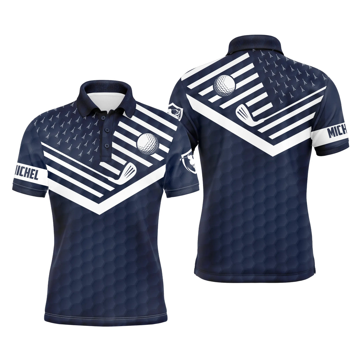 Polo golf homme blanc immaculé grands chevrons noirs balle de golf clubs croisés zone prénom personnalisé manche