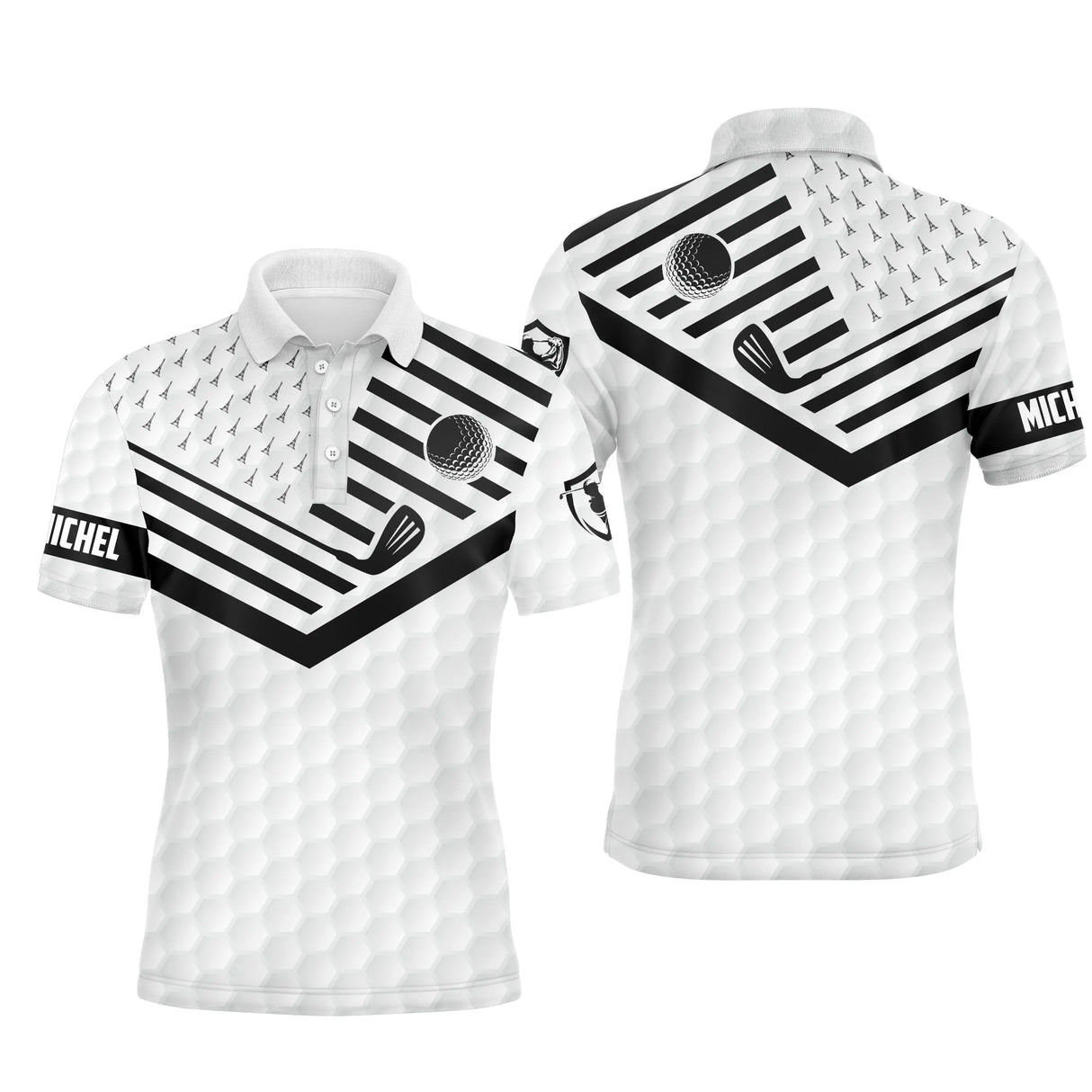 Polo golf homme bleu marine grands chevrons blancs balle de golf clubs croisés zone prénom personnalisé manche