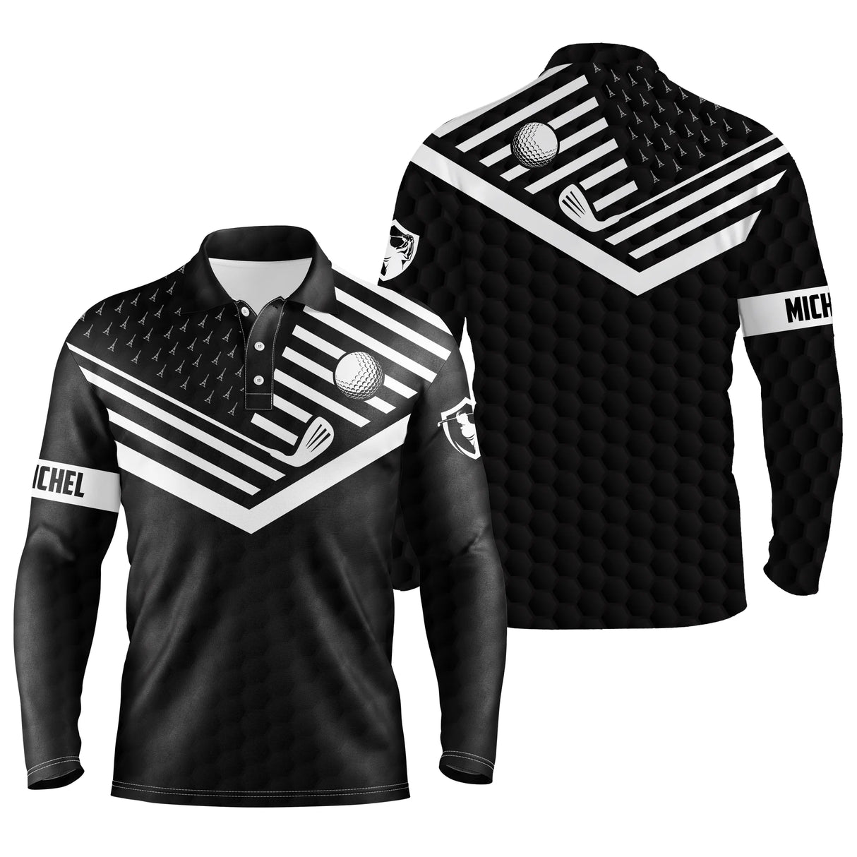 Polo manches longues golf unisexe noir chevrons blancs balle clubs croisés prénom tissu respirant